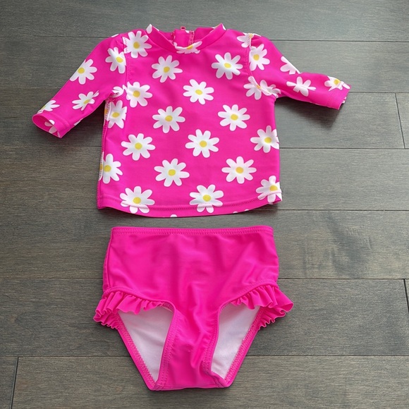 JOE FRESH Baby Girl Bathing Suit Swim Set Two-Piece Pink White Daisy Ruffle - Picture 1 of 13